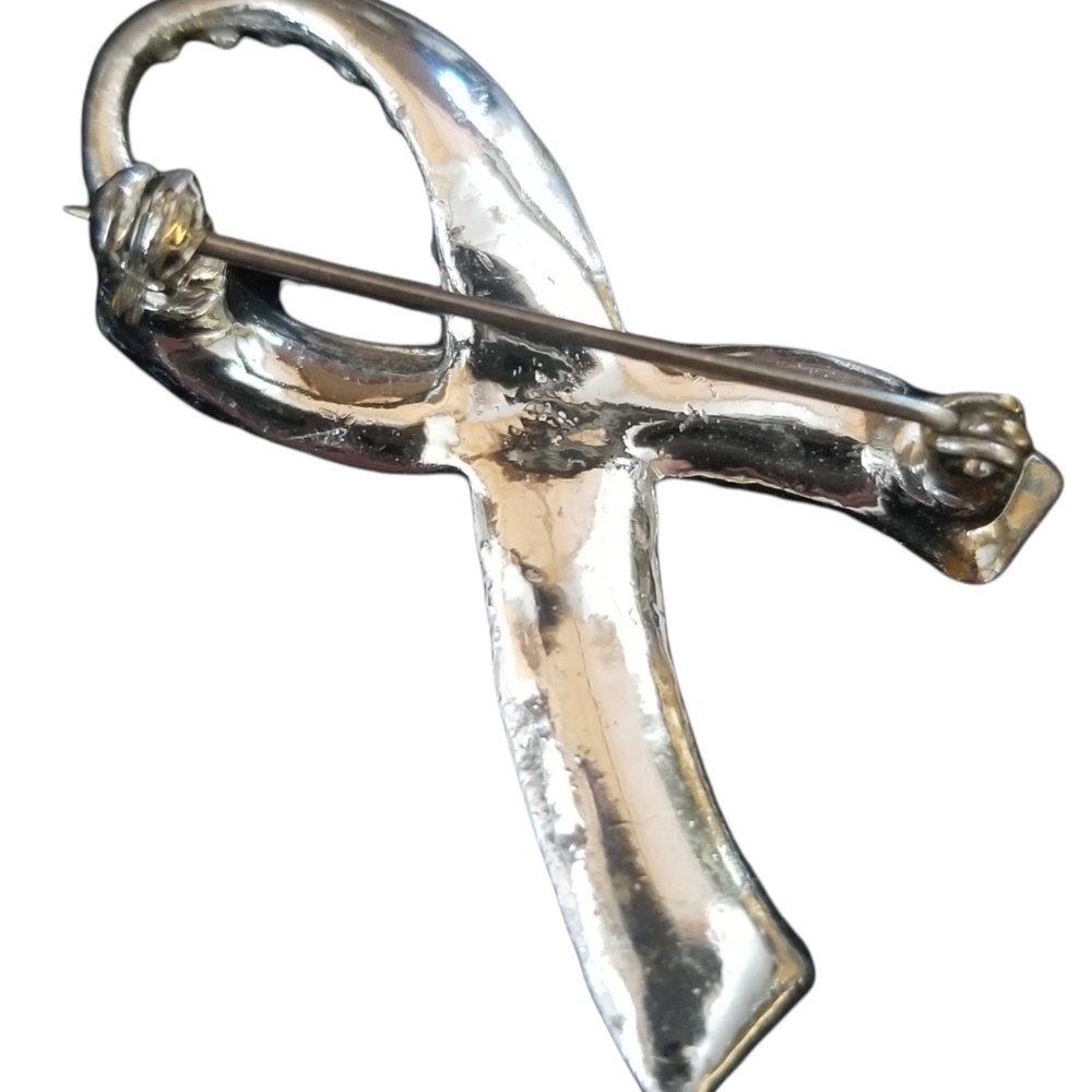 Survivor Ribbon Rhinestone Silver Tone Metal Brooch Pin - Picture 5 of 8